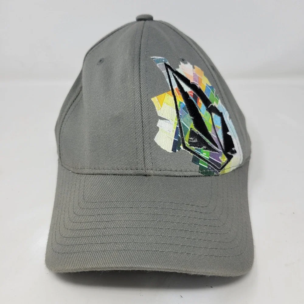 Volcom Flexfit Hat Gray Graphic Logo Baseball Cap Mens Size S-M